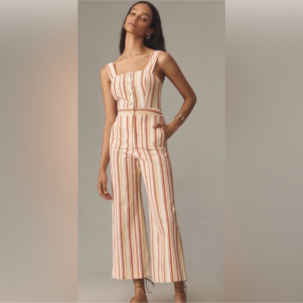 Anthropologie Striped Cream, Pink & Rust Wide-Leg Jumpsuit